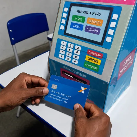 Mãos adultas inserindo um cartão fictício no Caixa Eletrônico Pedagógico