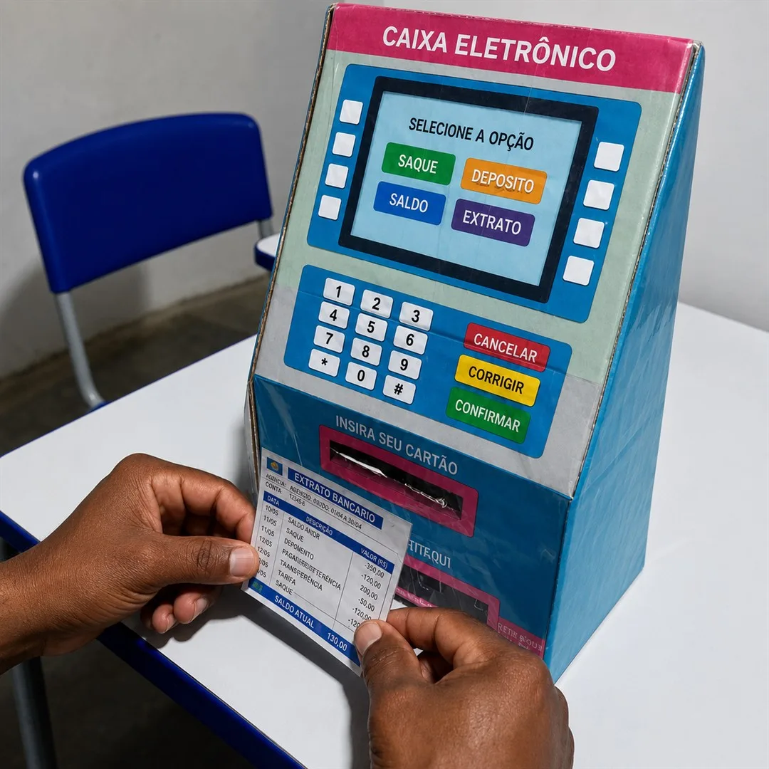 Mãos adultas usando o extrato e os comandos do Caixa Eletrônico Pedagógico